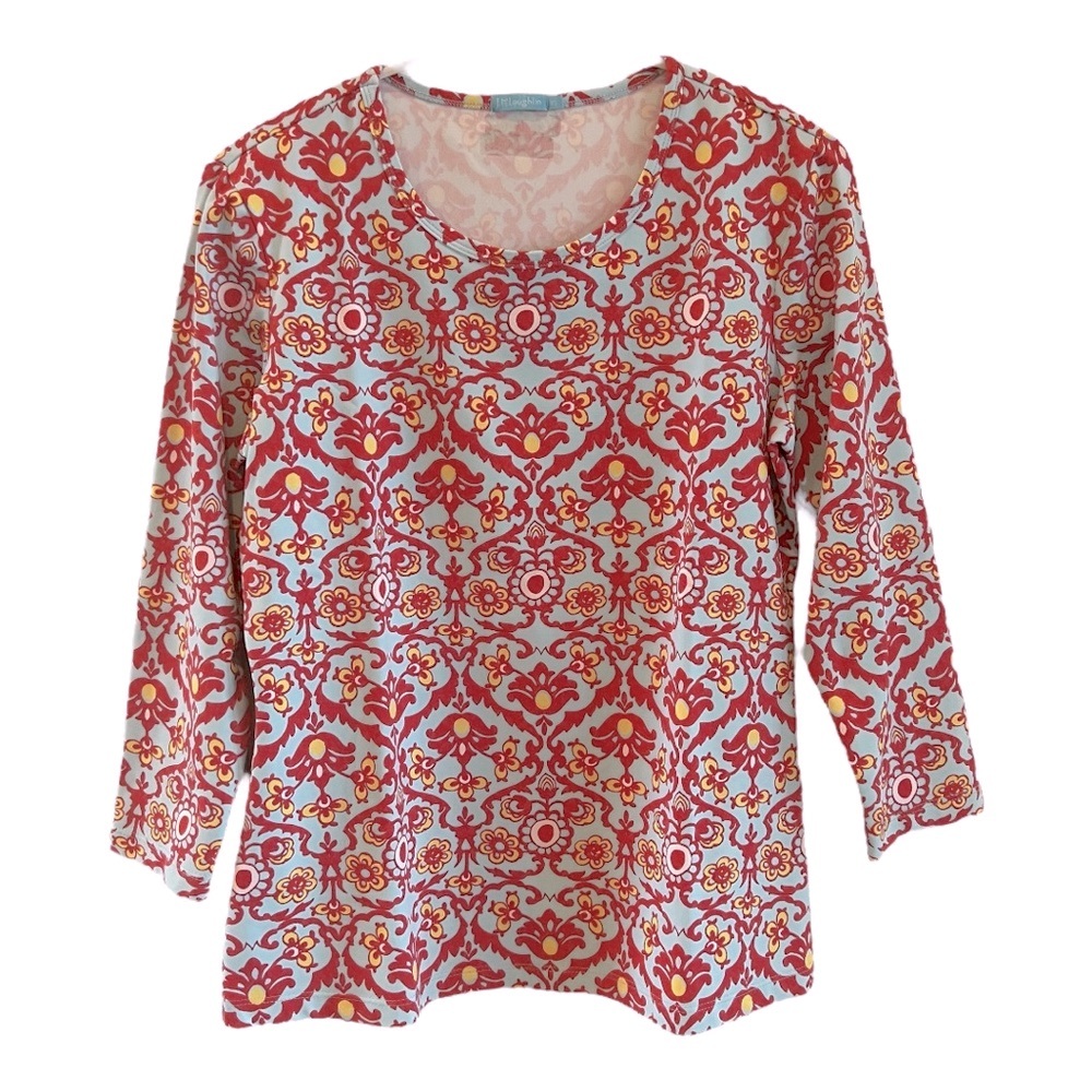 J. McLaughlin Signature Crewneck Floral Print Tee Blue/Red/Yellow Sz XS